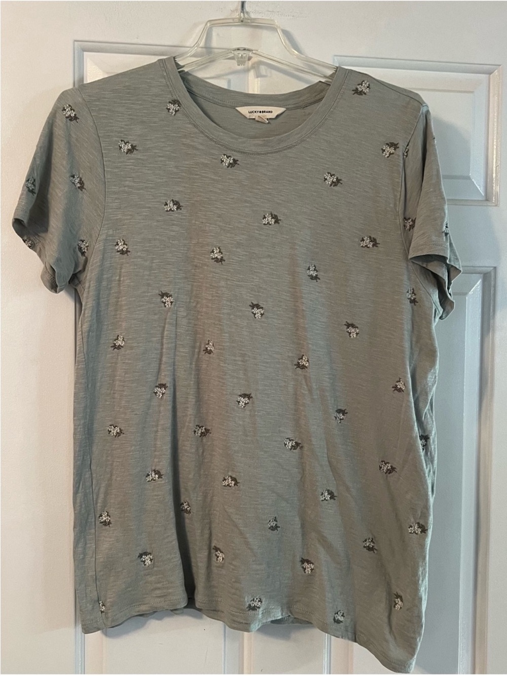 Lucky Brand Sage Green Short Sleeve Tee with Floral Embroidered